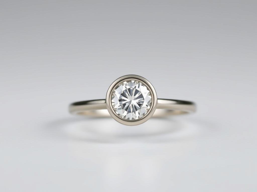 A bezel set engagement ring with a round diamond completely encircled by metal