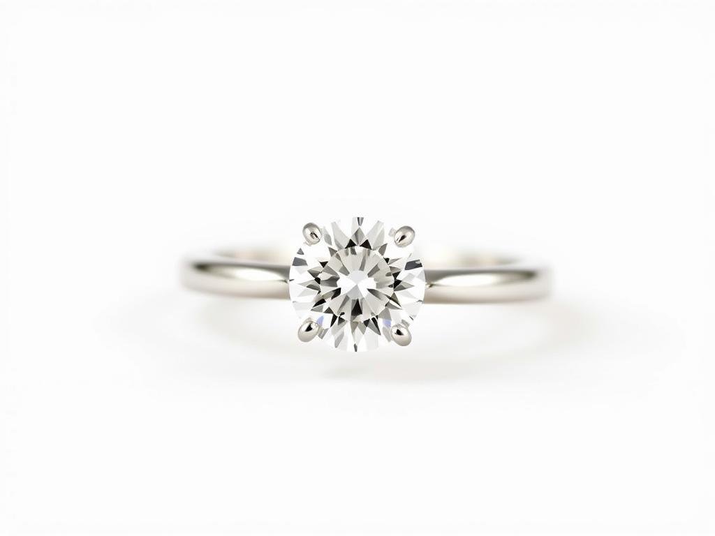 A classic solitaire engagement ring with a round diamond on a simple platinum band