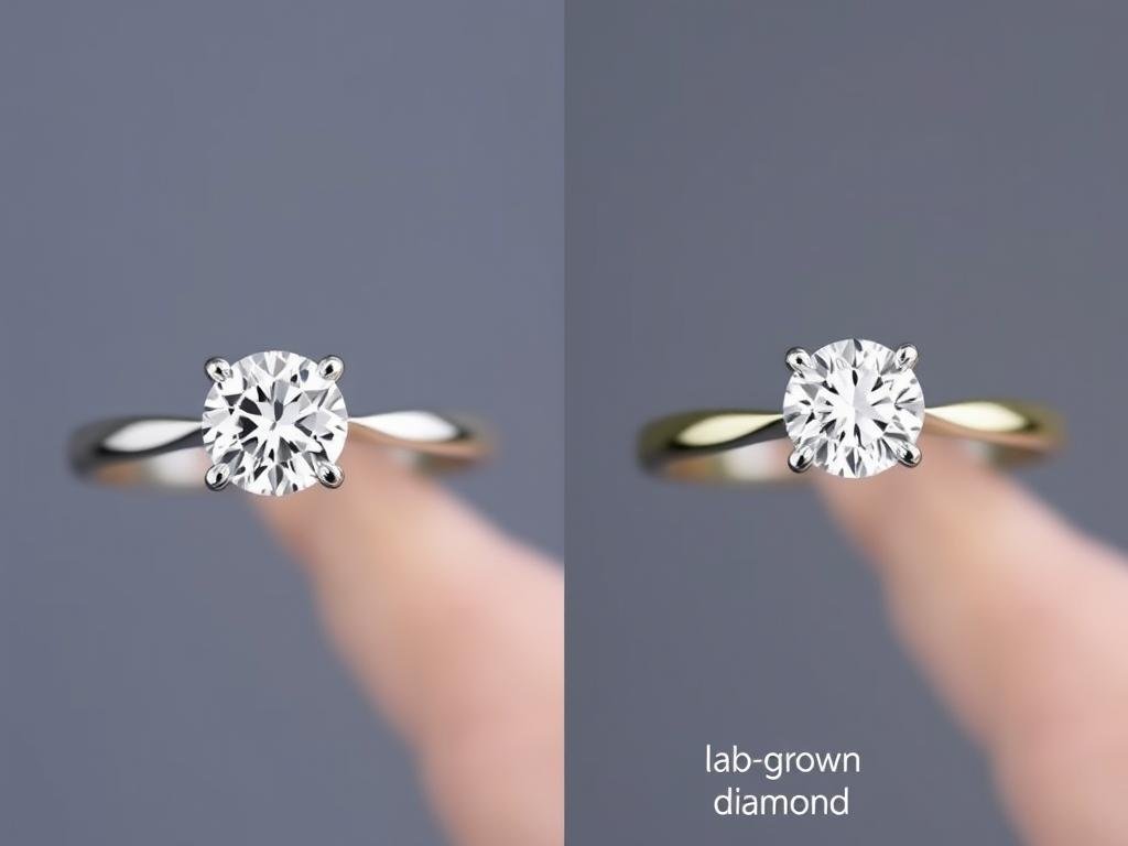 A comparison of a natural diamond and a lab-grown diamond in simple settings