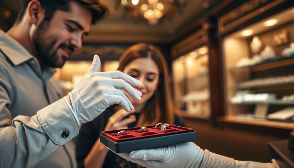 A couple examining vintage engagement rings at a jewelry store