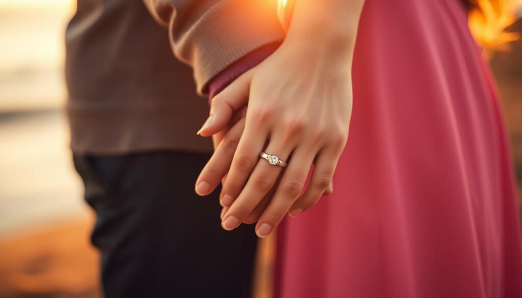 A couple holding hands with a simple engagement ring visible
