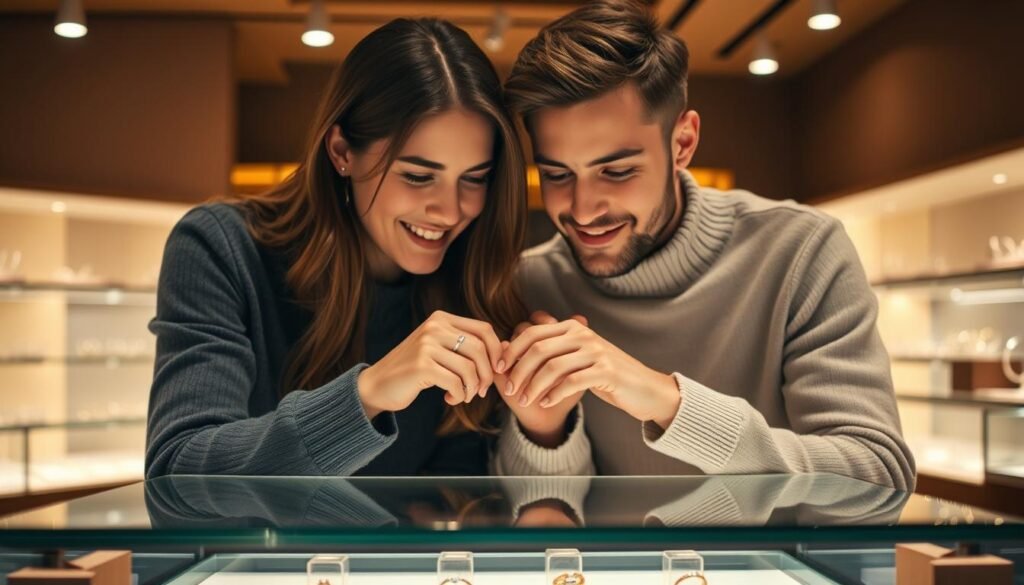 A couple looking at simple engagement rings together in a jewelry store