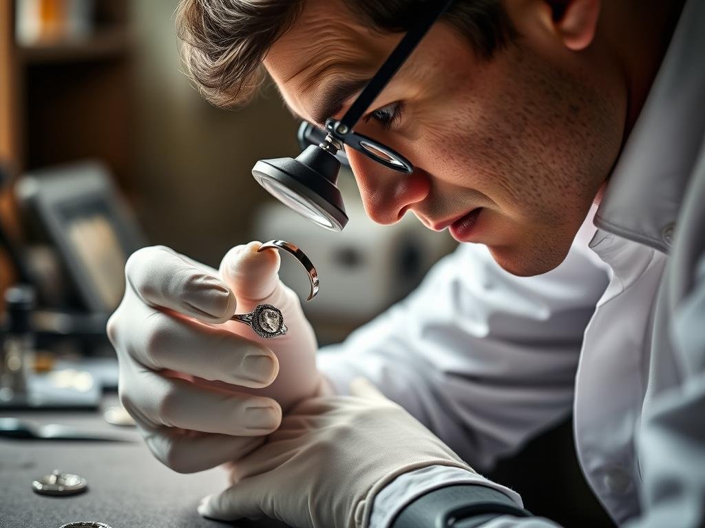 A jeweler examining a vintage engagement ring with a loupe