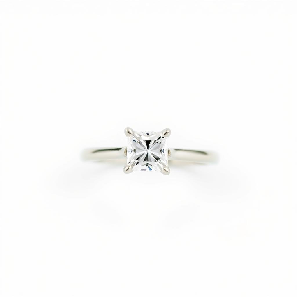 A simple engagement ring with a princess cut diamond set in white gold