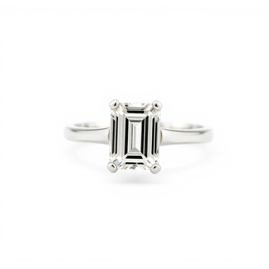A simple engagement ring with an emerald cut diamond set in platinum