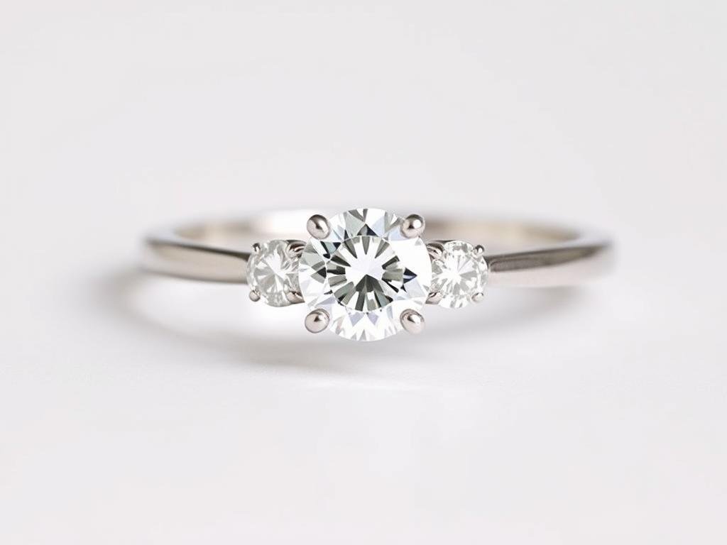 A simple three-stone engagement ring with a center diamond flanked by two smaller stones