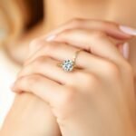 A woman's hand wearing a simple solitaire engagement ring with a round diamond on a plain gold band