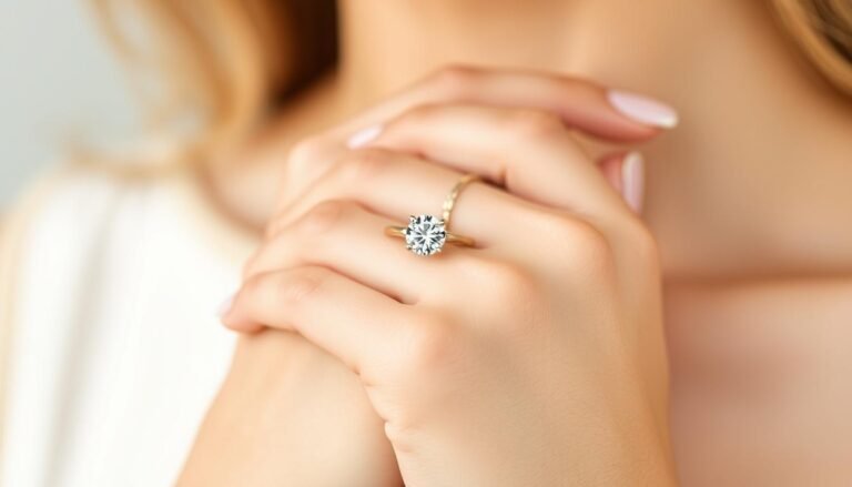 A woman's hand wearing a simple solitaire engagement ring with a round diamond on a plain gold band
