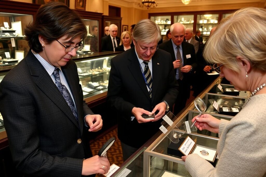 An estate jewelry auction with bidders examining vintage rings