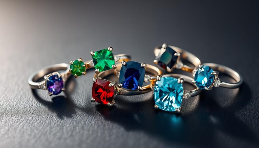 Array of unique engagement rings featuring sapphires, emeralds, and other colored gemstones