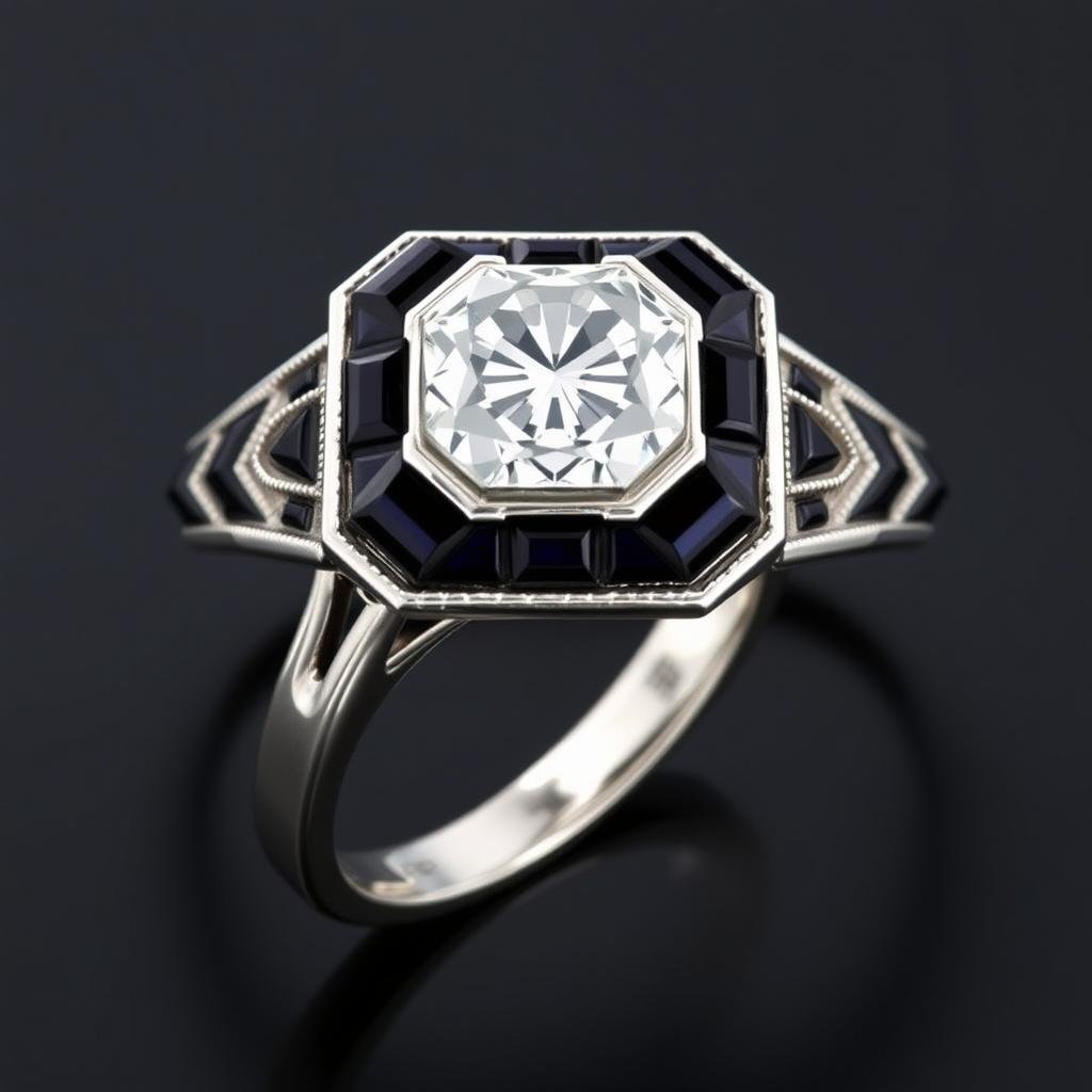 Art Deco antique engagement ring with geometric patterns and step-cut diamonds