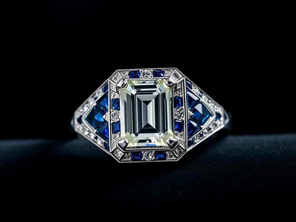 Art Deco style engagement ring with geometric patterns and step-cut diamonds