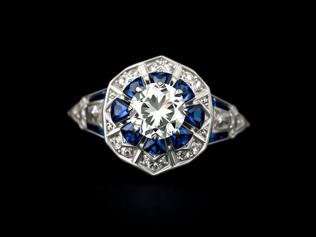 Art Deco vintage engagement ring with geometric patterns and step-cut diamonds