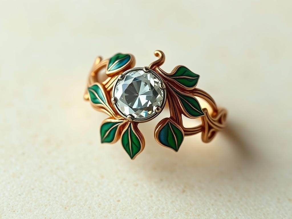 Art Nouveau engagement ring with flowing lines and nature motifs
