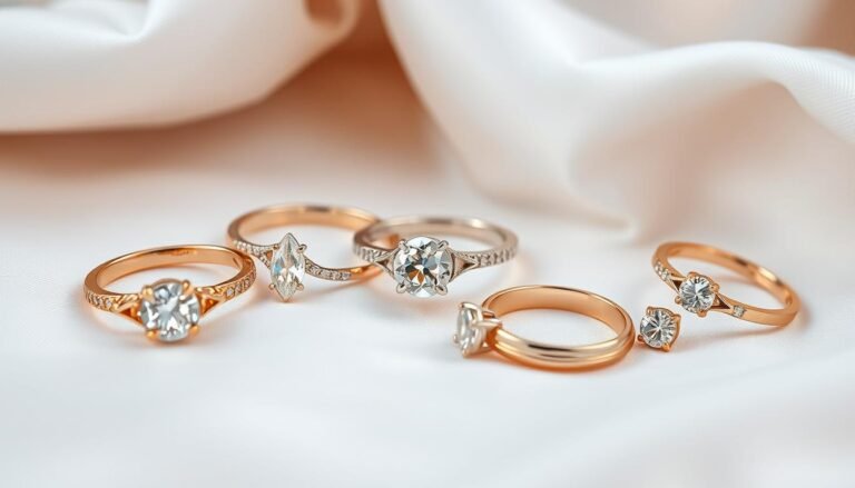Assortment of gold engagement rings including yellow, white and rose gold options with various diamond cuts
