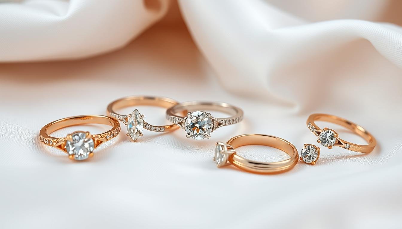 Assortment of gold engagement rings including yellow, white and rose gold options with various diamond cuts