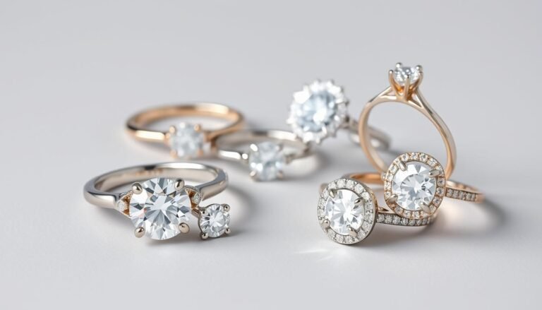 Assortment of timeless engagement rings including solitaire, three-stone, and halo designs