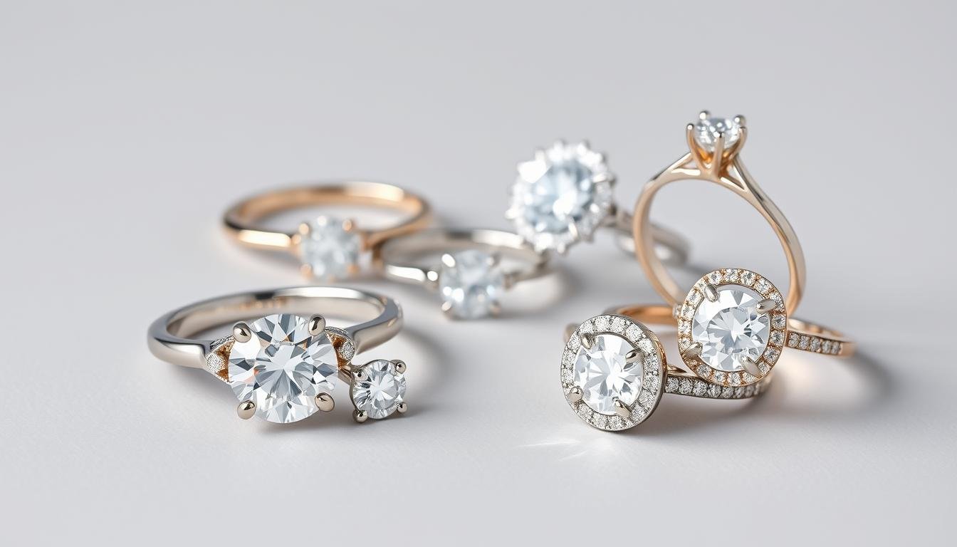 Assortment of timeless engagement rings including solitaire, three-stone, and halo designs