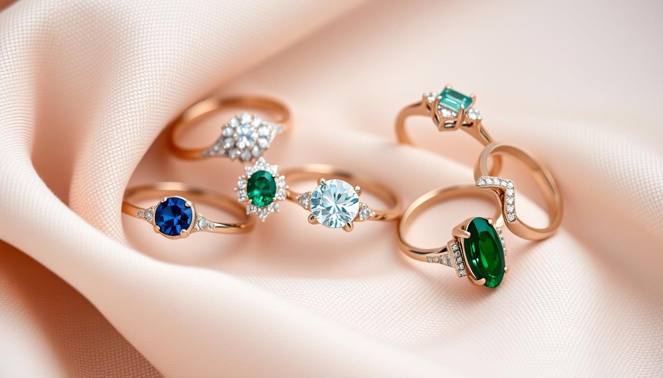 Assortment of unique engagement rings featuring colored gemstones, alternative metals, and non-traditional designs