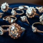 Assortment of vintage engagement rings from different eras displayed on velvet