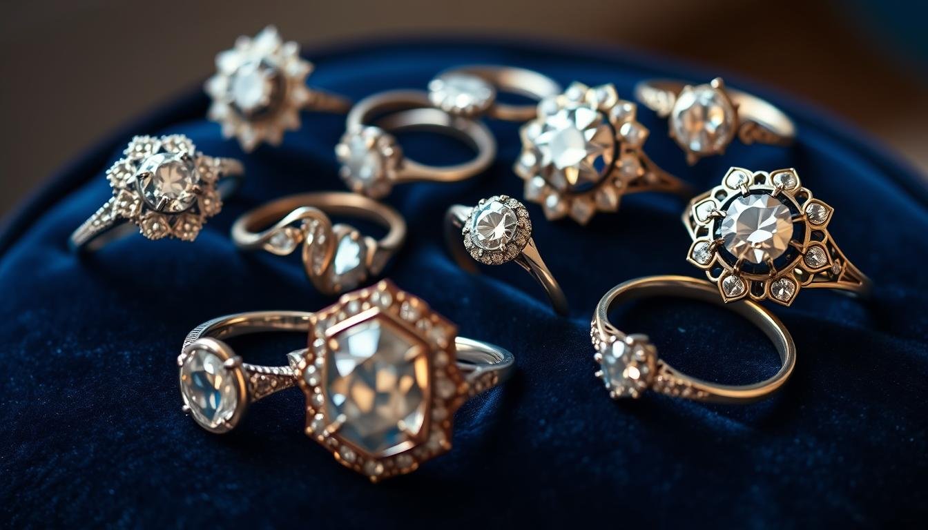 Assortment of vintage engagement rings from different eras displayed on velvet