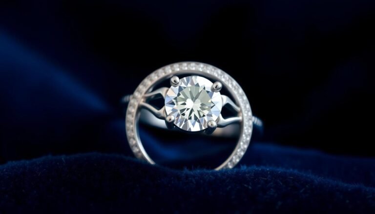 Beautiful silver engagement ring with diamond on velvet background