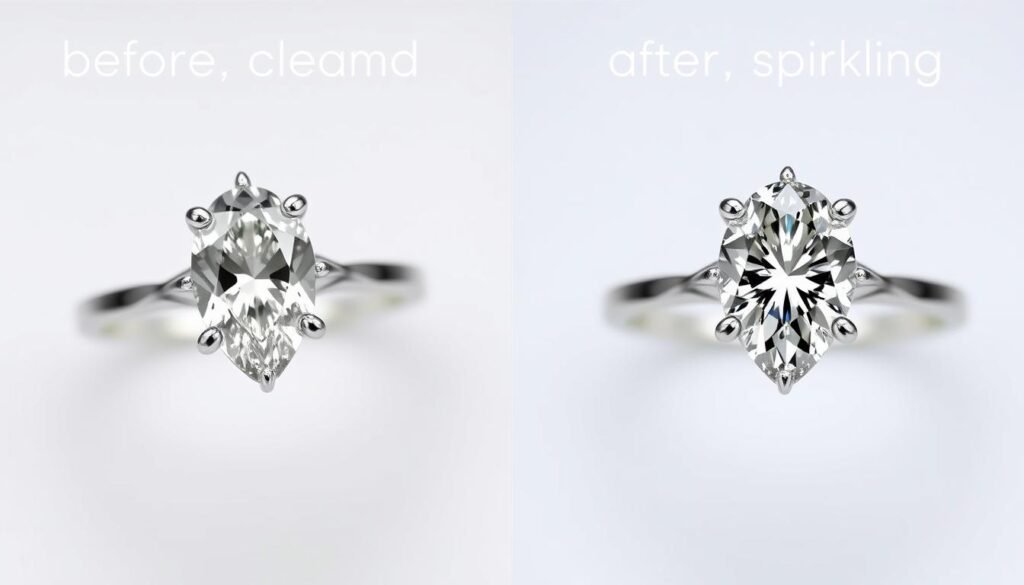 Before and after cleaning of a pear shaped engagement ring