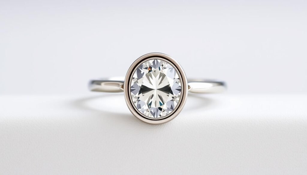 Bezel set engagement ring with oval diamond