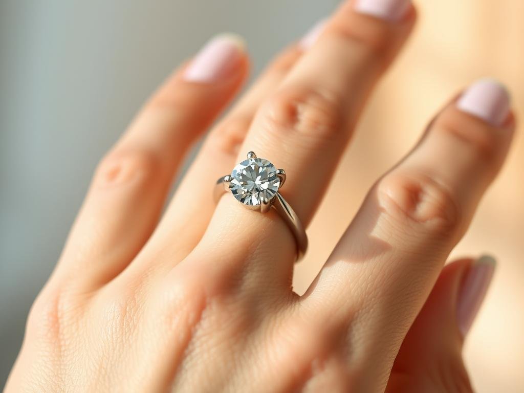 Close-up of a sterling silver engagement ring with a diamond solitaire setting on a woman's hand