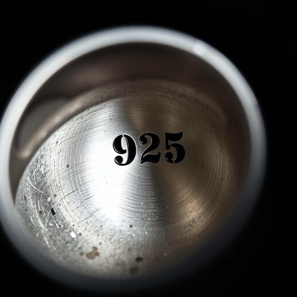 Close-up of a sterling silver ring band showing the 925 hallmark stamp