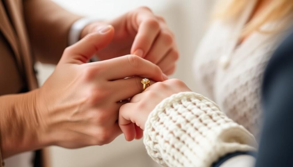 Close-up of hands exchanging gold engagement ring during proposal