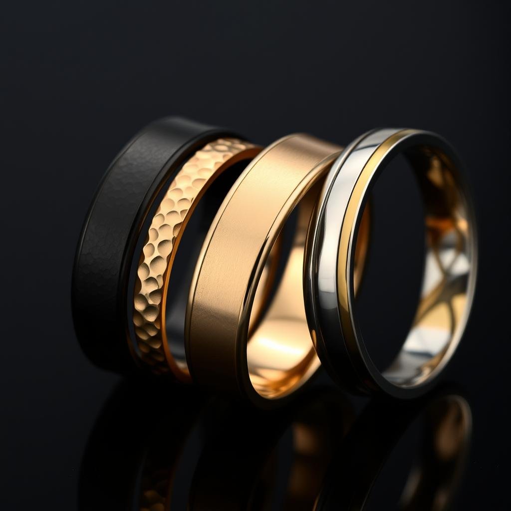 Close-up of unique engagement rings made with alternative metals like rose gold, black titanium, and mixed metals