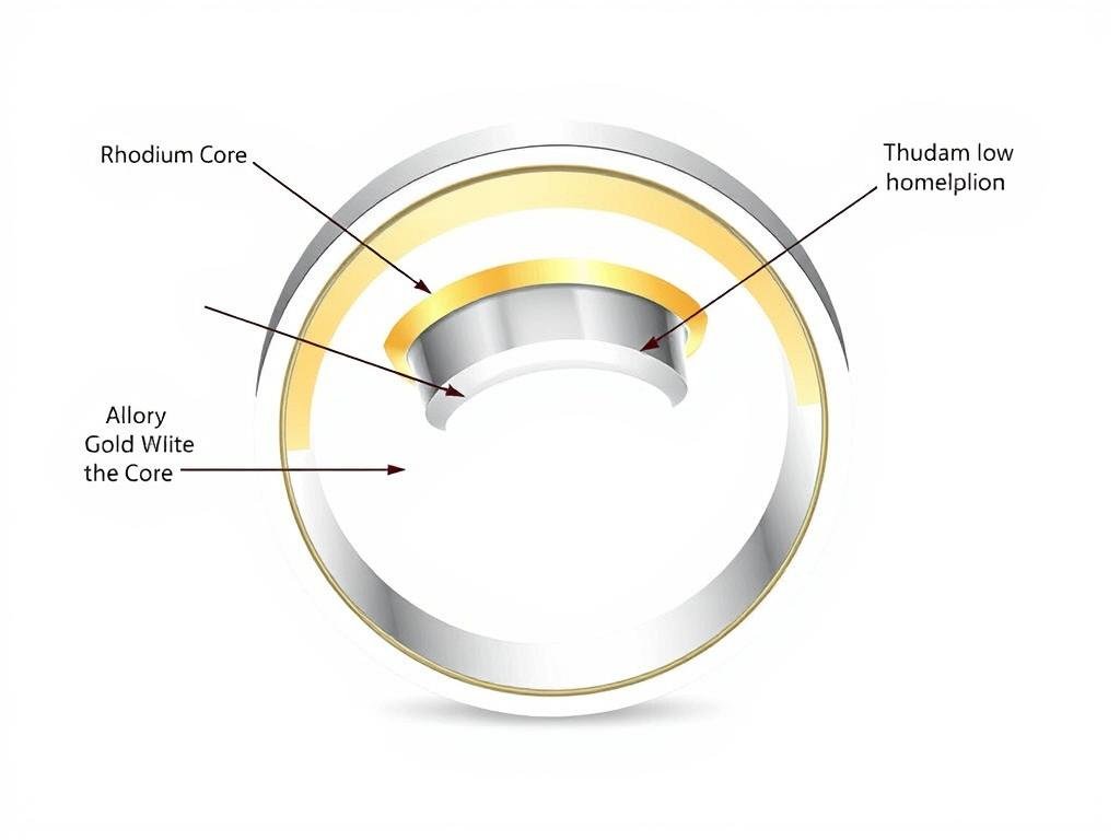 Close-up of white gold alloy composition with rhodium plating