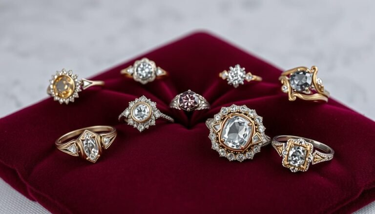 Collection of antique engagement rings from different eras displayed on vintage velvet