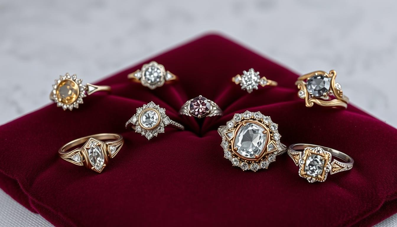 Collection of antique engagement rings from different eras displayed on vintage velvet