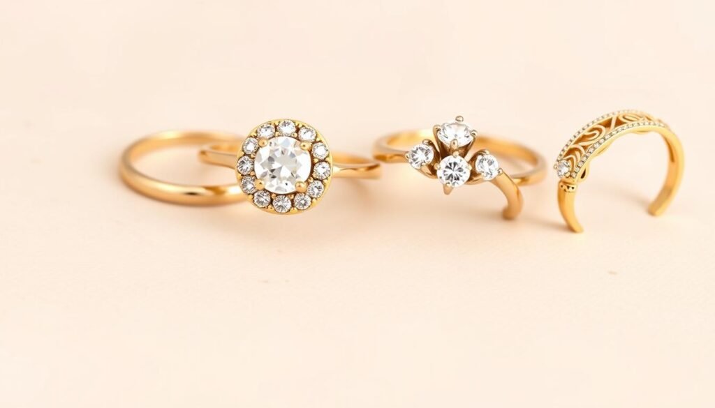 Collection of different gold engagement ring styles including solitaire, halo, three-stone, and vintage designs