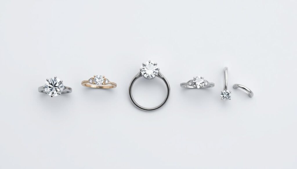 Collection of different silver engagement ring styles displayed together