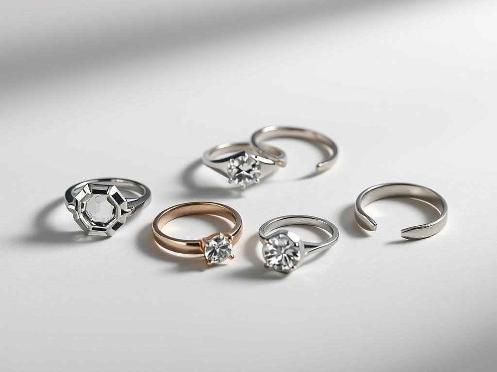 Collection of modern geometric engagement rings with unique shapes and settings
