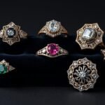 Collection of vintage style engagement rings showcasing different eras including Art Deco, Victorian and Edwardian designs