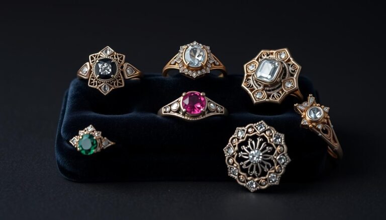Collection of vintage style engagement rings showcasing different eras including Art Deco, Victorian and Edwardian designs