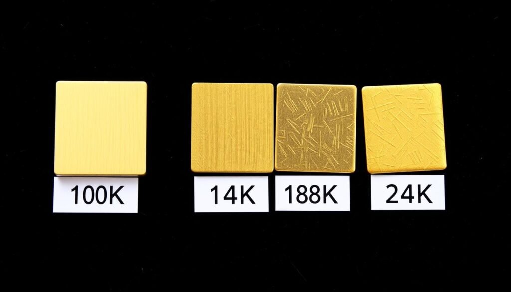 Comparison of different gold karat purities showing color differences between 10K, 14K, 18K, and 24K gold samples