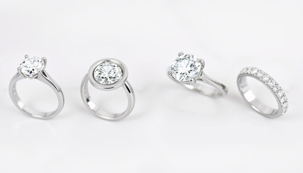 Comparison of different timeless engagement ring settings: prong, bezel, cathedral, and channel