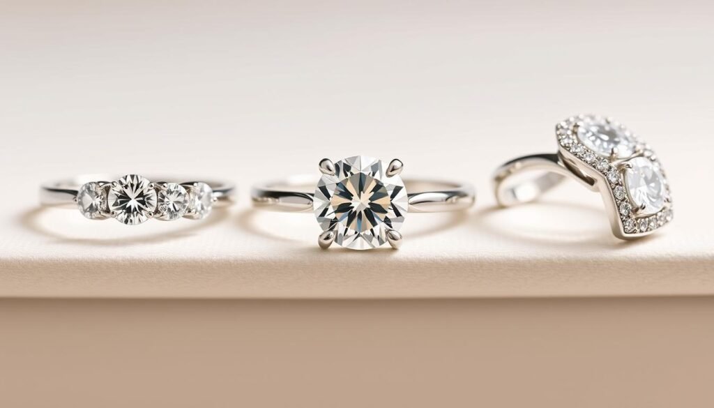 Comparison of three stone engagement ring with solitaire and halo styles
