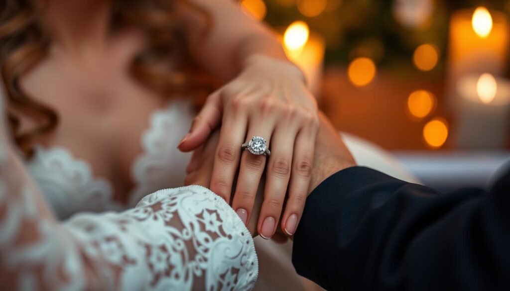 Couple admiring a vintage style engagement ring in a romantic setting