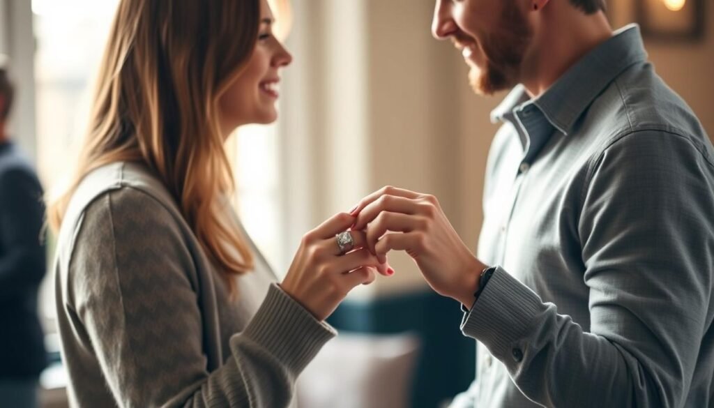 Couple exchanging a white gold engagement ring during proposal