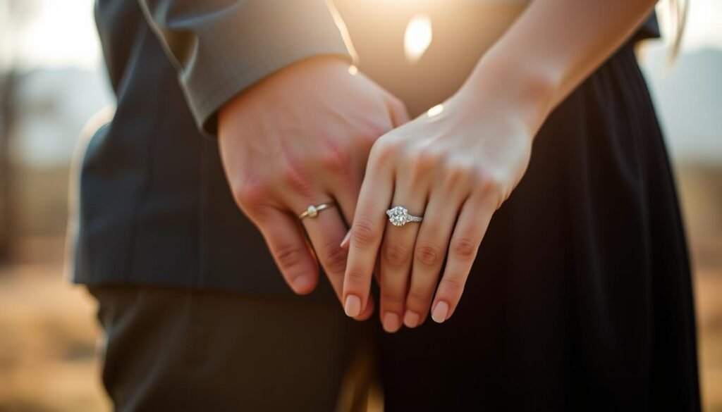 Couple holding hands showing off silver engagement ring