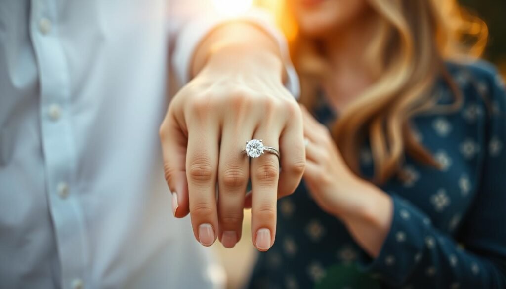Couple holding hands with a silver engagement ring prominently displayed