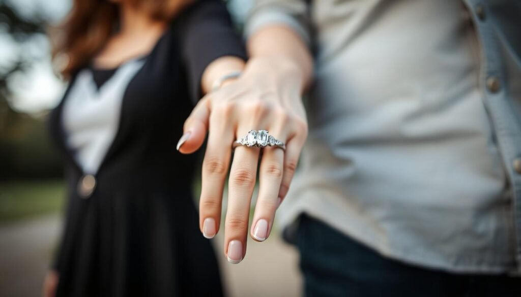 Couple holding hands with three stone engagement ring prominently displayed