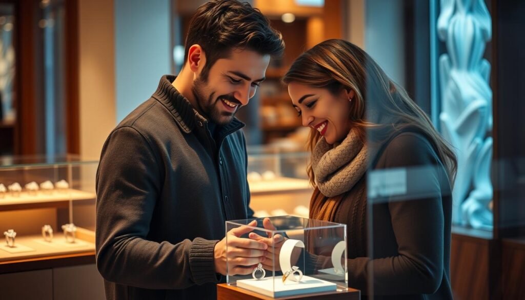 Couple looking at pear shaped engagement rings together