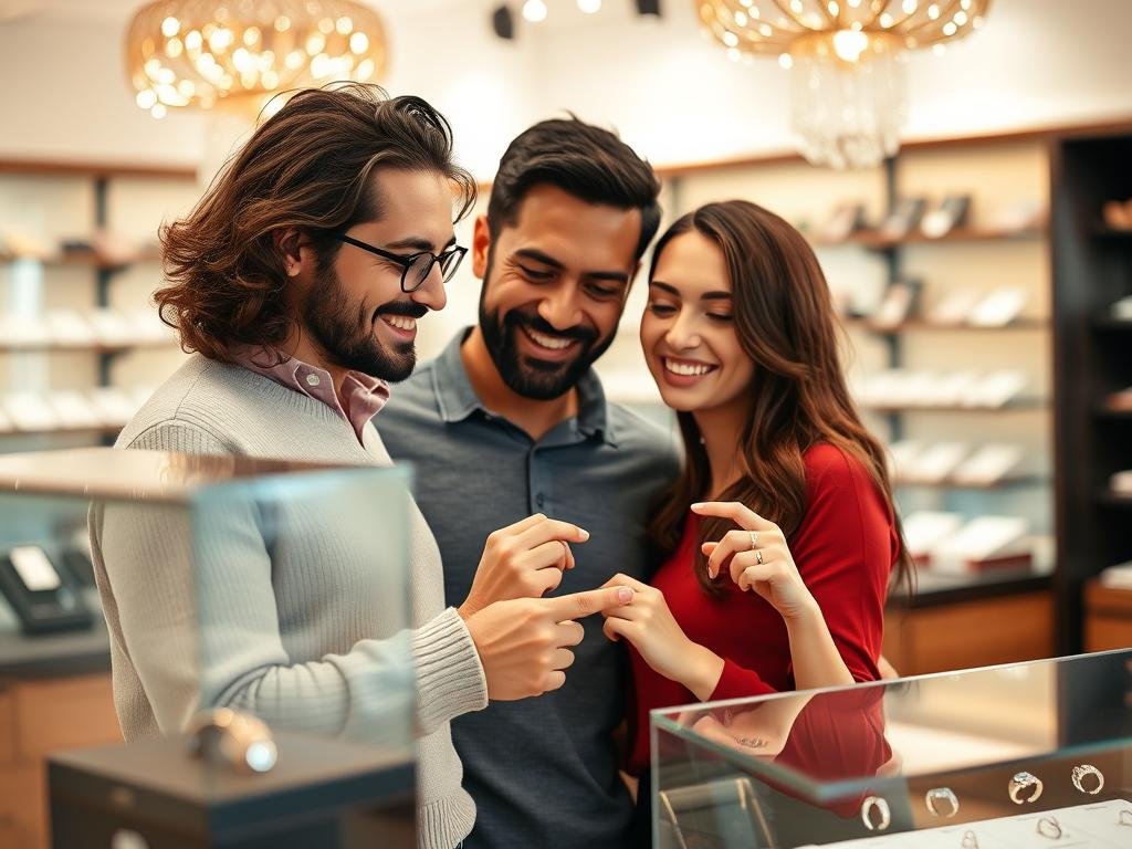 Couple looking at unique engagement rings together in a jewelry store